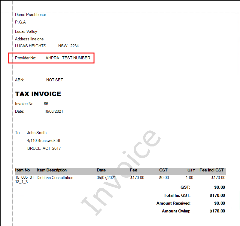 AHPRA invoice example